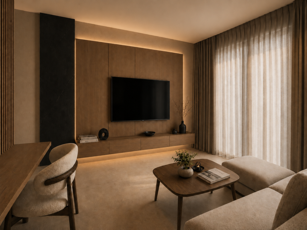 Interior CGI of 812 Residence Athens living area with warm wood finishes, soft lighting and turnkey furnished design.